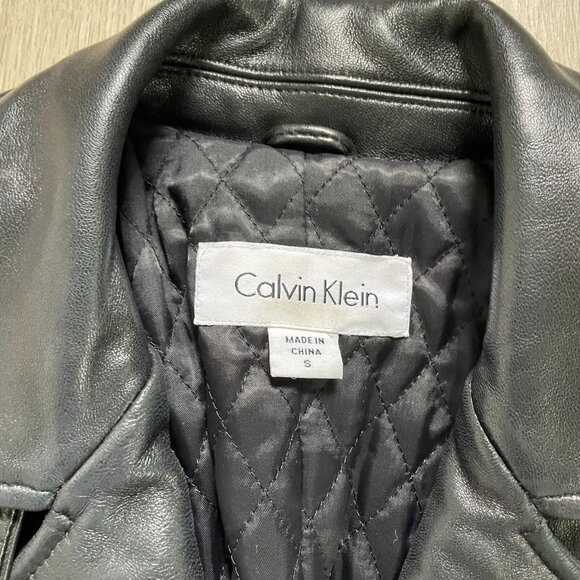 Calvin Klein Genuine Leather Trench Coat Women Small Black Classic Elegant Retro - Picture 6 of 15